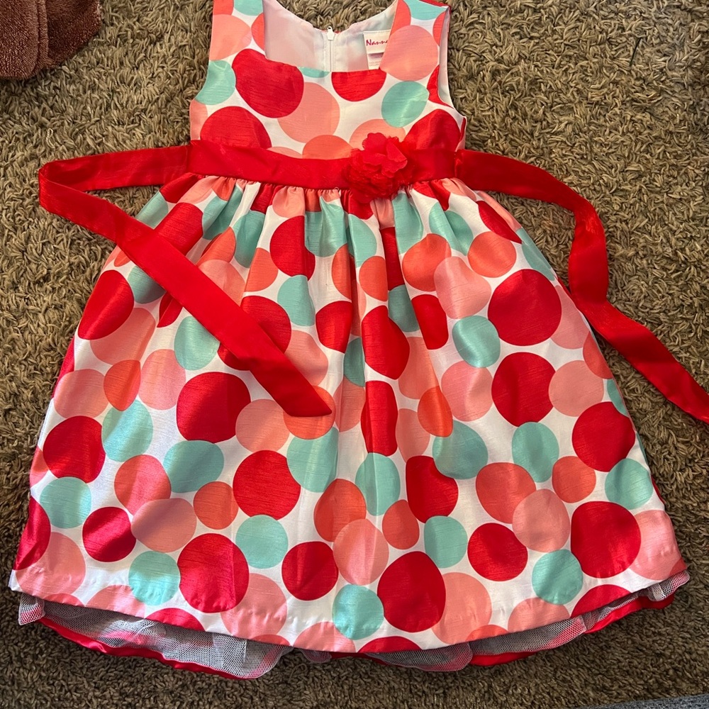 Colorful Polka Dot Dress with Red Sash